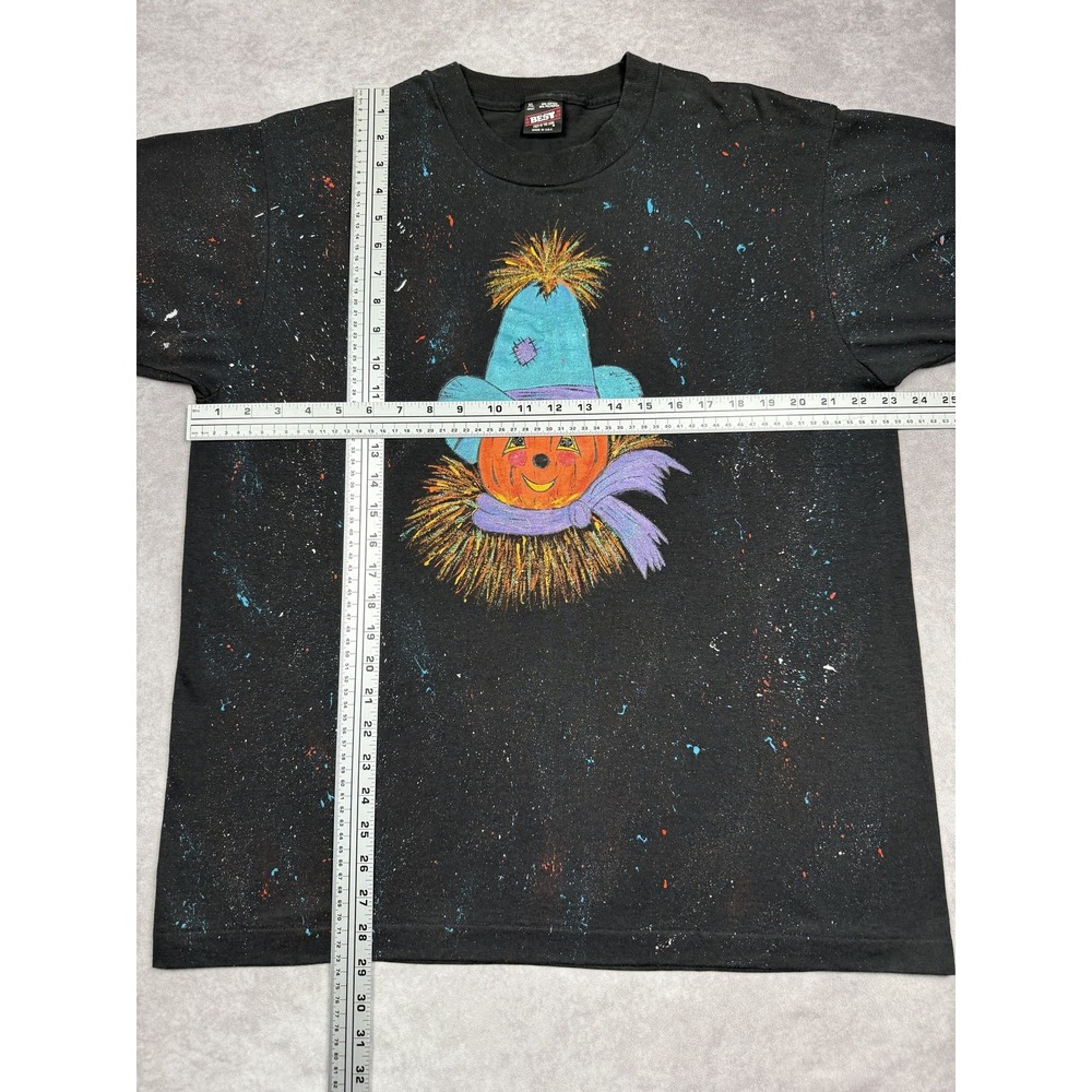 Vintage Pumpkin Scarecrow Shirt Mens XL Black Glitter Halloween Art 90s USA Tee - Picture 8 of 16